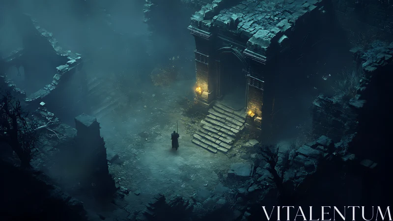 Lone wanderer approaches a misty ruin lit by golden torches