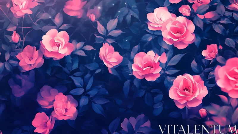 Pink roses bloom against deep blue foliage in digital illustration.