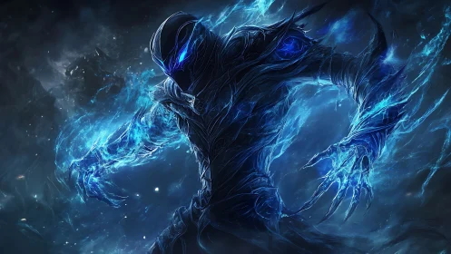 Shadow humanoid with blue energy aura in dark void.