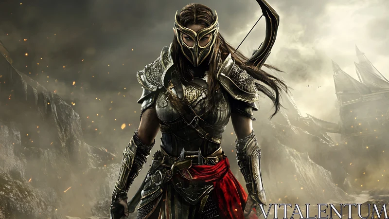 Armored elven ranger stands amid burning fantasy battlefield