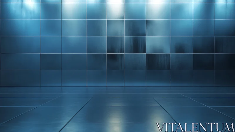 Blue metallic tiled room glows with cool futuristic light.