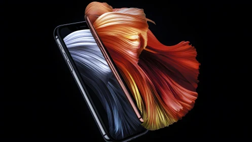 Modern smartphone with vibrant abstract flowing colors on black.
