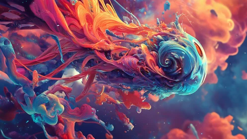 Vibrant cosmic vortex creature rendered in fluid digital strokes