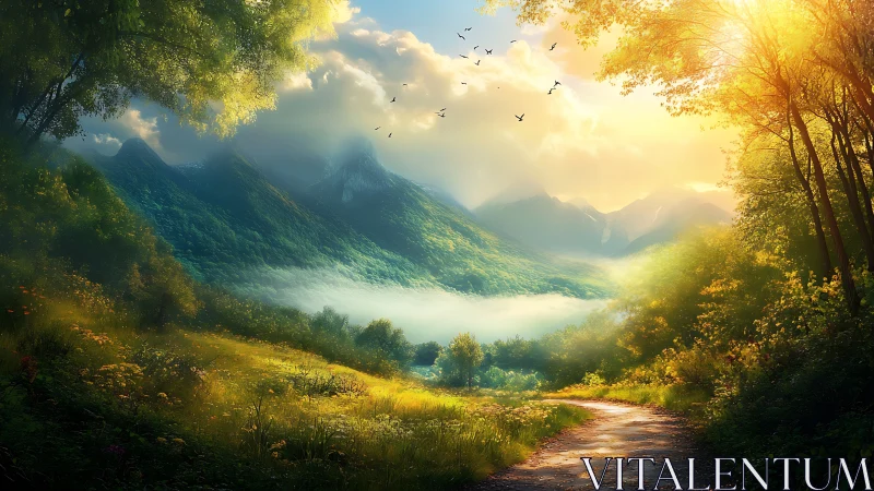 Sunlit forest path opening toward misty green mountains.