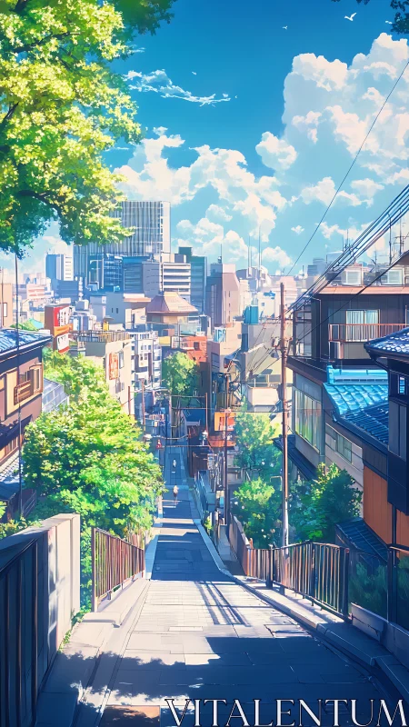 Steep urban slope with layered skyline and volumetric clouds.