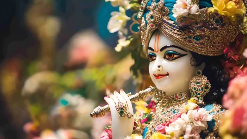 Ornate deity sculpture with jeweled flute amid floral bokeh.