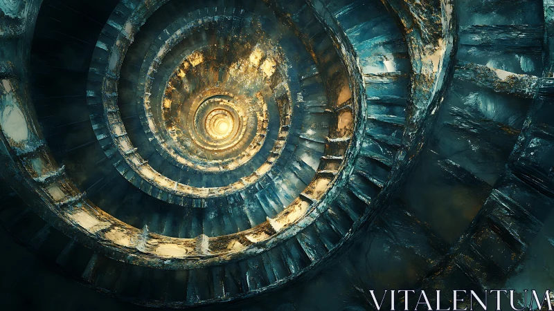 Spiral staircase of light leading toward a glowing mystery.