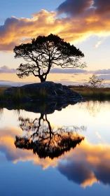Lone dusk tree mirrored in a sky-tinted stillwater dreamscape.
