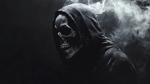 Hooded skull figure emerges from dense swirling smoke