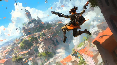 Heroic rooftop leap ignites a vibrant futuristic skyline