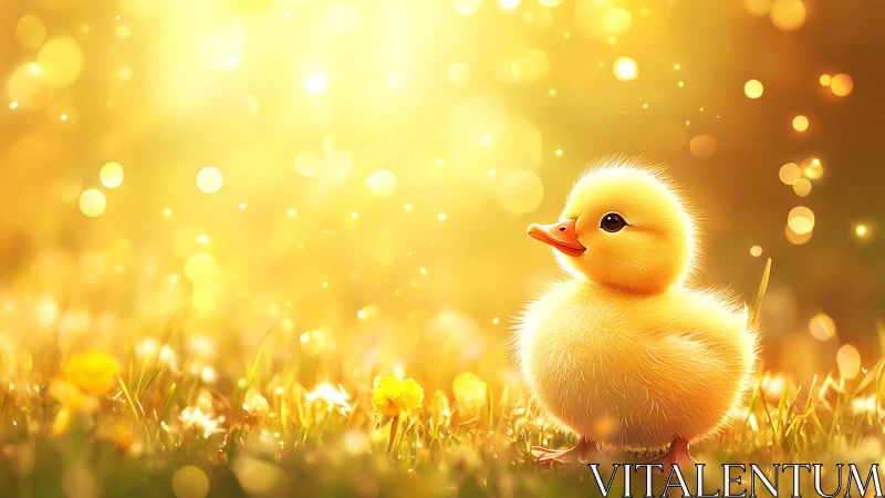 Golden sunlight bathes a fluffy duckling on spring grass.