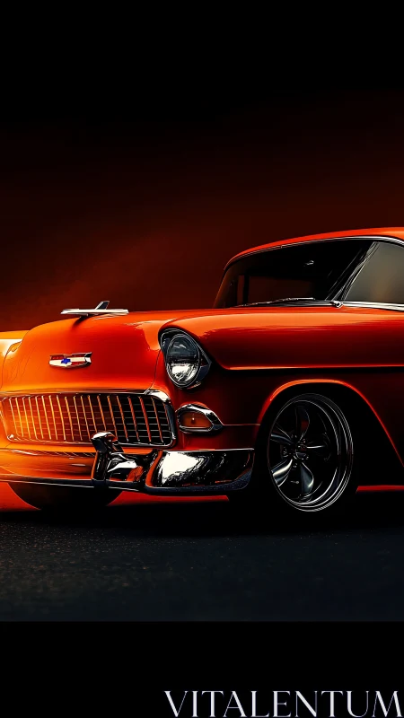 Lower-angle view shows orange classic car under dark background