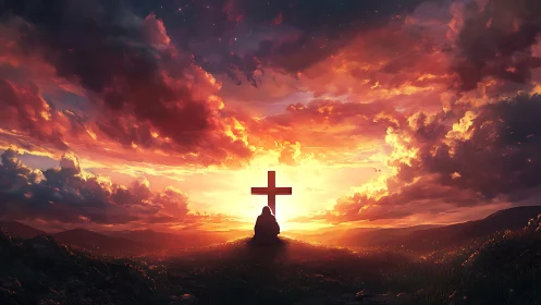 Solitary prayer by a cross glows in a blazing sunset sky