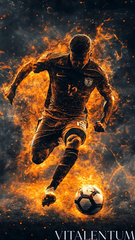 Fiery soccer player sprinting with ball on dark background.