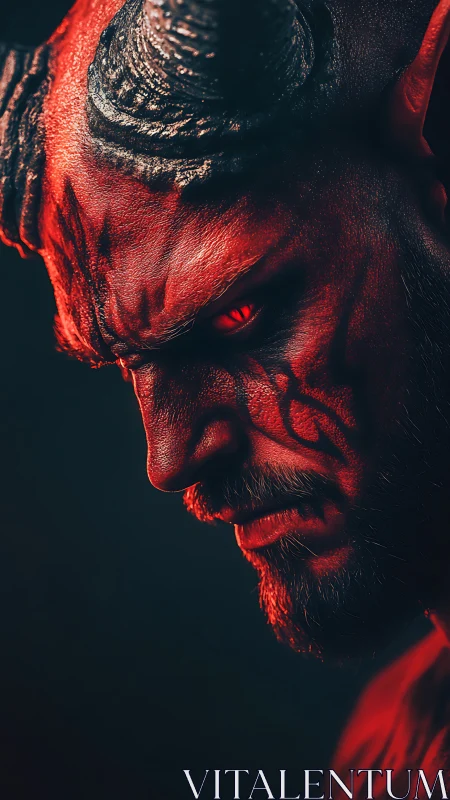 Demonic horned warrior glares downward under red rim light
