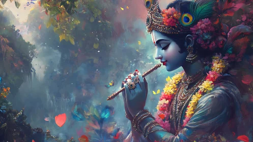 Floral crowned flute player drifts through misty dream grove