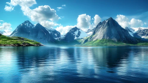 Mountain lake scene with clear reflections under clouds.