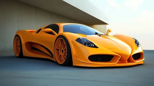 Orange supercar parked beside modern minimalist building.