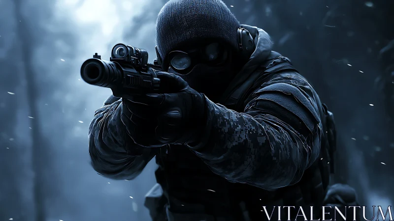 Tactical sniper targets enemy in cold blue forest haze.