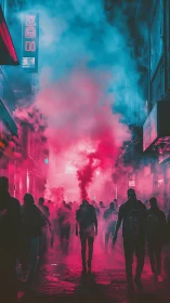 Urban alley crowd with neon smoke and silhouetted figures.