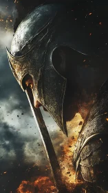 Side profile of armored warrior in burning battle scene.