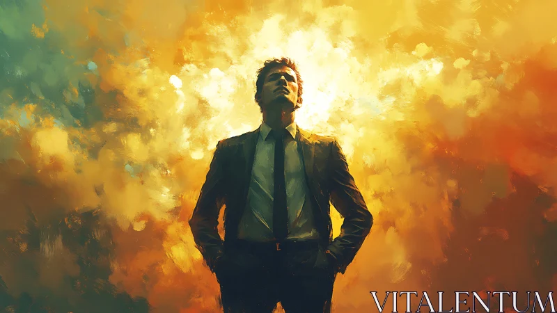 Radiant businessman emerging through blazing abstract light.