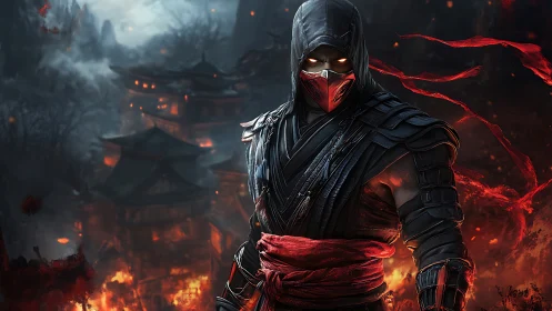 Fierce masked warrior stands amid flames and swirling embers