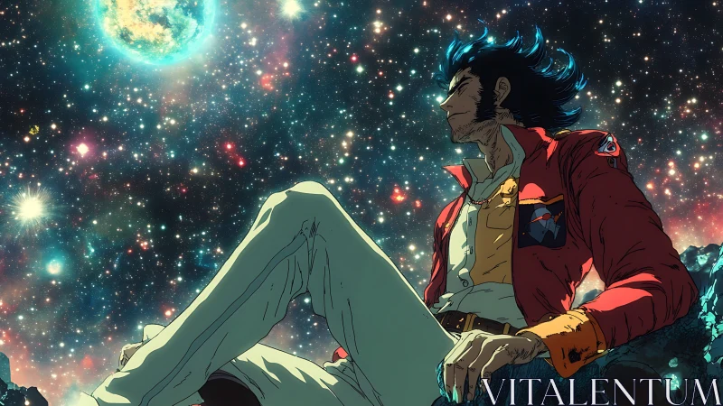 Cel-shaded space pilot reclines on rocky outcrop under dense starfield