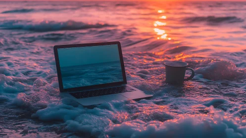 Laptop and coffee cup in foamy surf under magenta sunset glow.