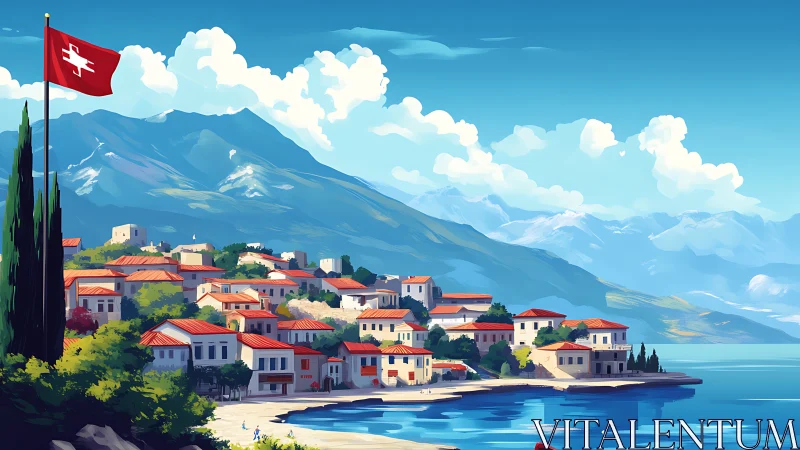 Swiss Alpine Village Lakeside. Mountain Architecture.