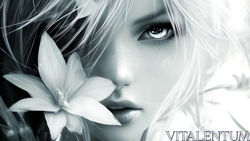 Silver-haired ethereal portrait with luminous floral accent.