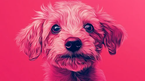 Pink digital portrait of fluffy small dog on solid background.