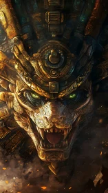 Mythic techno-serpent war mask with luminous emerald eyes