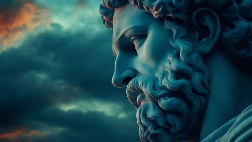 Monumental marble profile under cinematic storm sky.