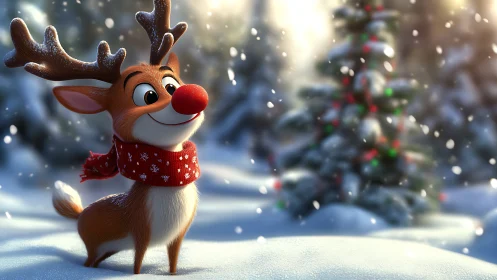 Cartoon reindeer with red nose in snowy bokeh forest scene