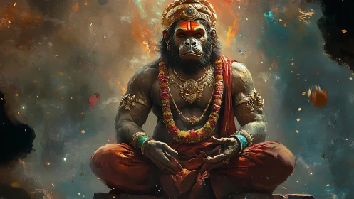 Divine warrior ape meditates amid swirling cosmic embers.