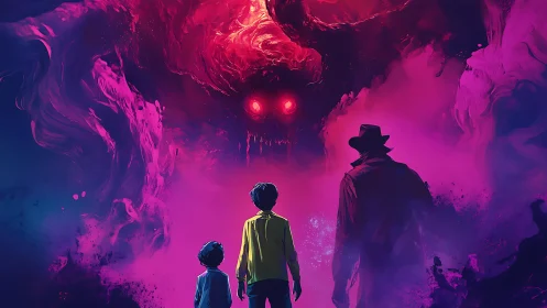 Three figures confront luminous red-eyed vortex demon amid neon mist