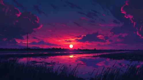 Twilight sun stitches neon clouds to a glassy rice field