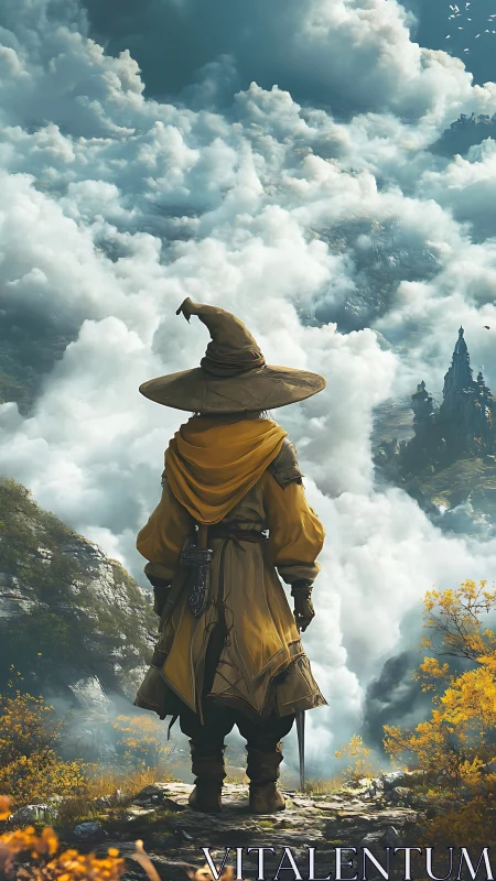 Wizard explorer surveying volumetric cloud canyon from cliff edge.