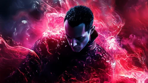 Male figure in red energy field with dark abstract backdrop.