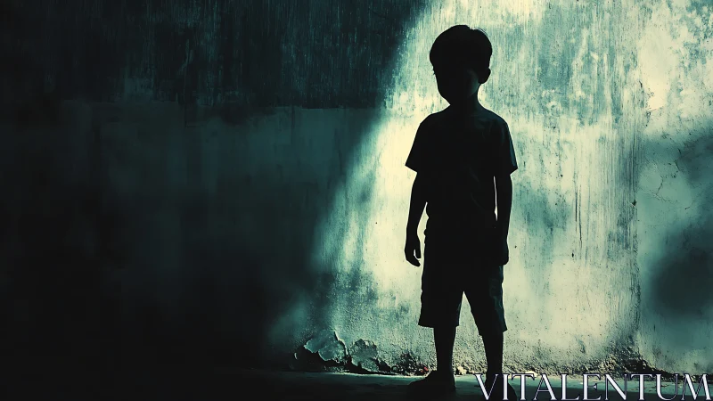 Silhouetted child stands in moody teal light against worn wall