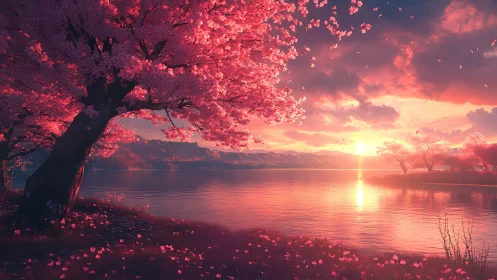 Sunlit cherry blossoms glow above a tranquil lakeside horizon.