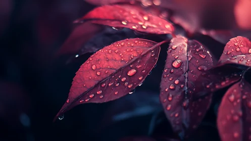 Macro optical study of crimson foliage with dew droplets.