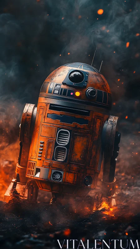 Rusty orange droid moving through burning embers and smoke.