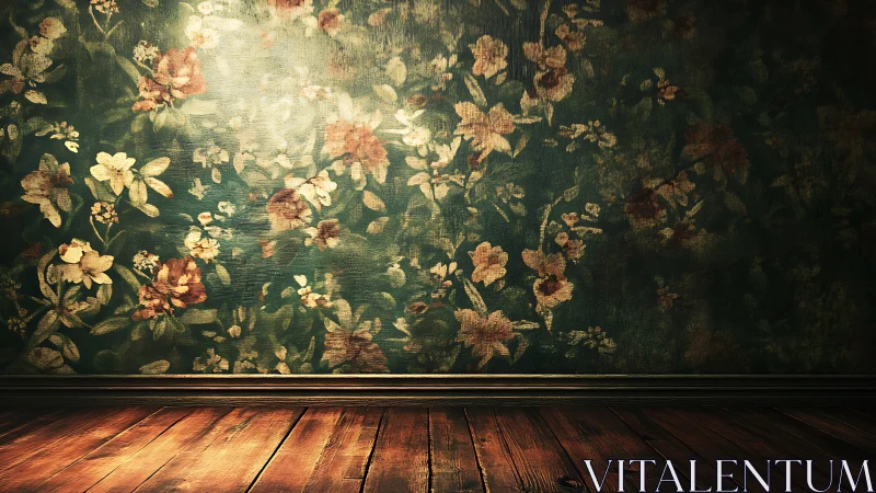 Vintage floral wall glows softly above worn wooden floor.
