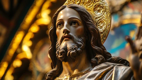 Polychrome Christ sculpture under warm gilded halo lighting