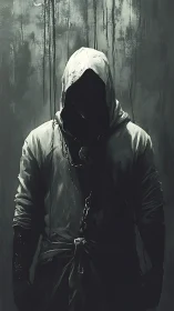 Hooded shadowed figure stands bound in chains and gloom.