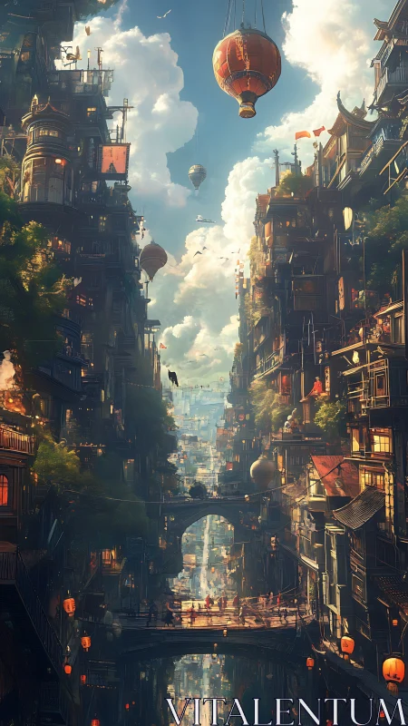 Sky lanterns drift above a towering neon canal cityscape