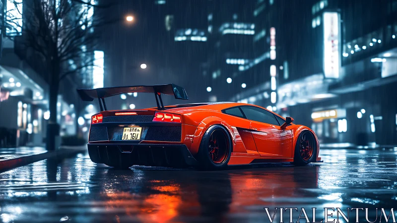 Sleek orange supercar glowing softly in a rainy night city.
