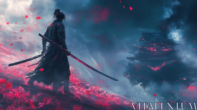 Lone samurai above burning temple in crimson stormscape.